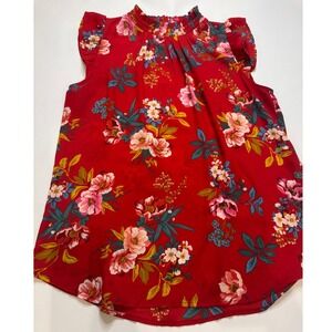 LOFT Floral Smocked High Neck Blouse Womens XS Red Ruffle Sleeve Excellent